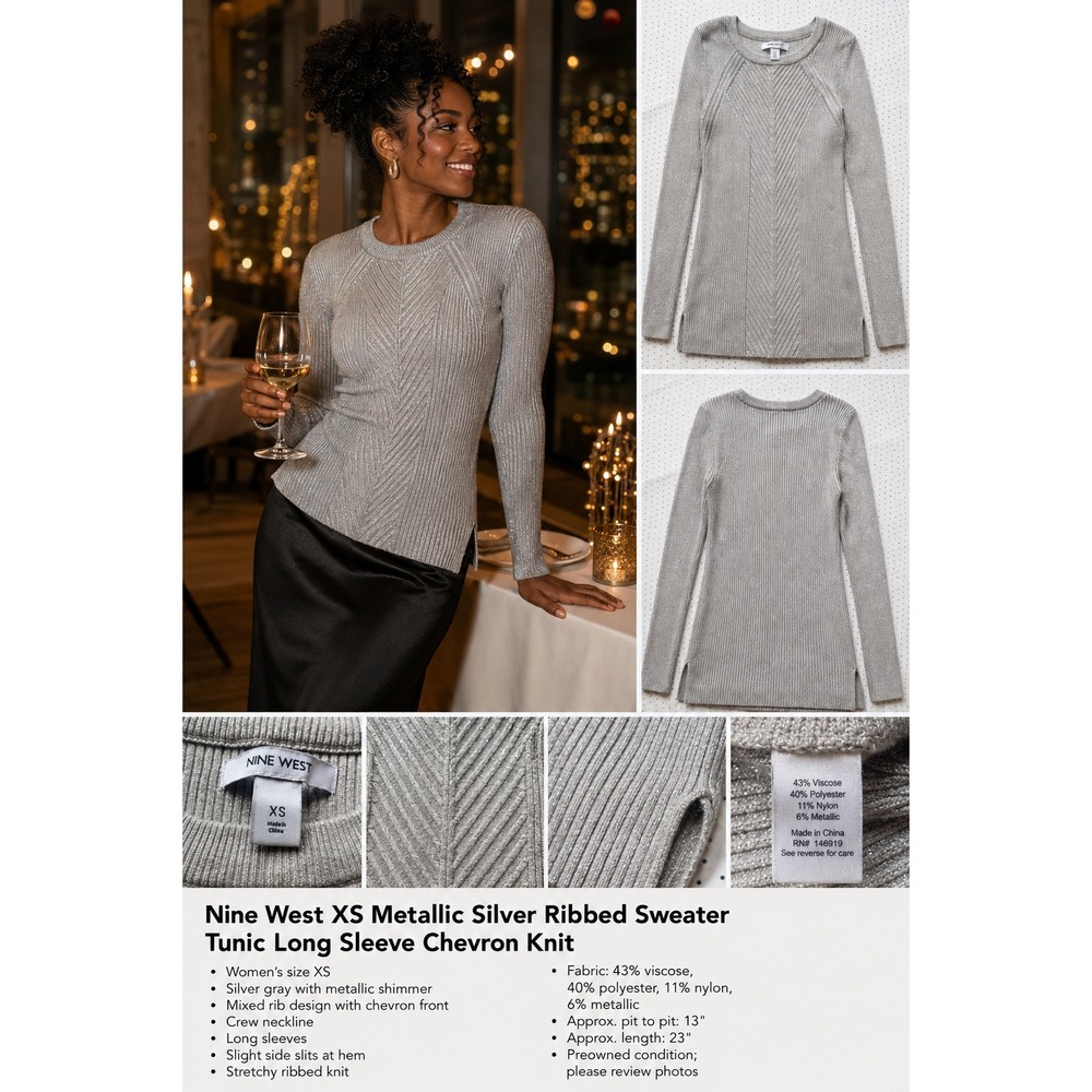 Nine West XS Metallic Silver Ribbed Sweater Tunic Long Sleeve Chevron Knit